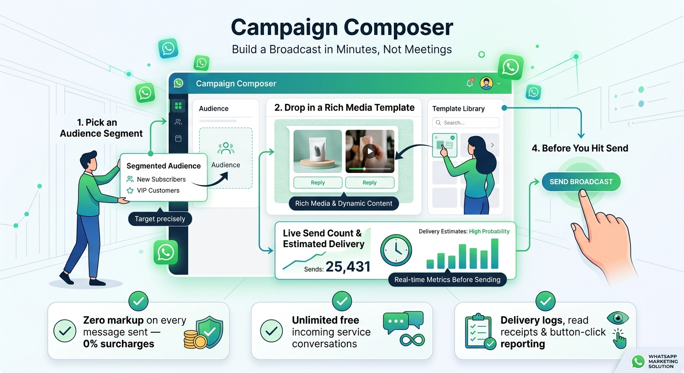 Broadcast composer with live audience segment size and delivery estimate
