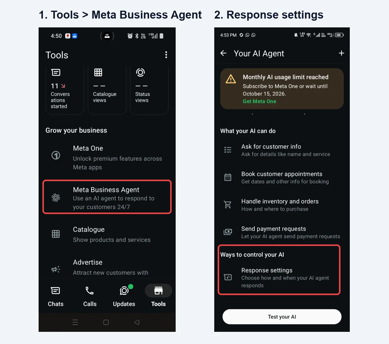 WhatsApp Business app: Tools tab with Meta Business Agent highlighted, and the Your AI Agent screen with Response settings highlighted