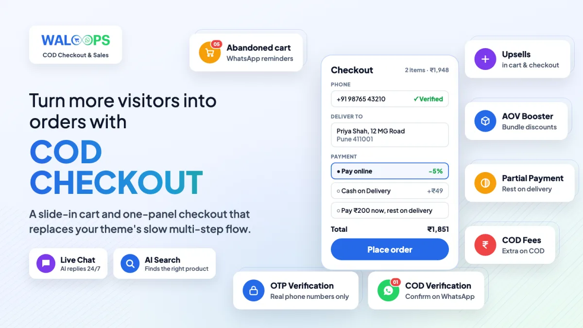 WALoops COD Checkout & Sales: one-panel COD checkout with WhatsApp OTP, payment options and COD verification