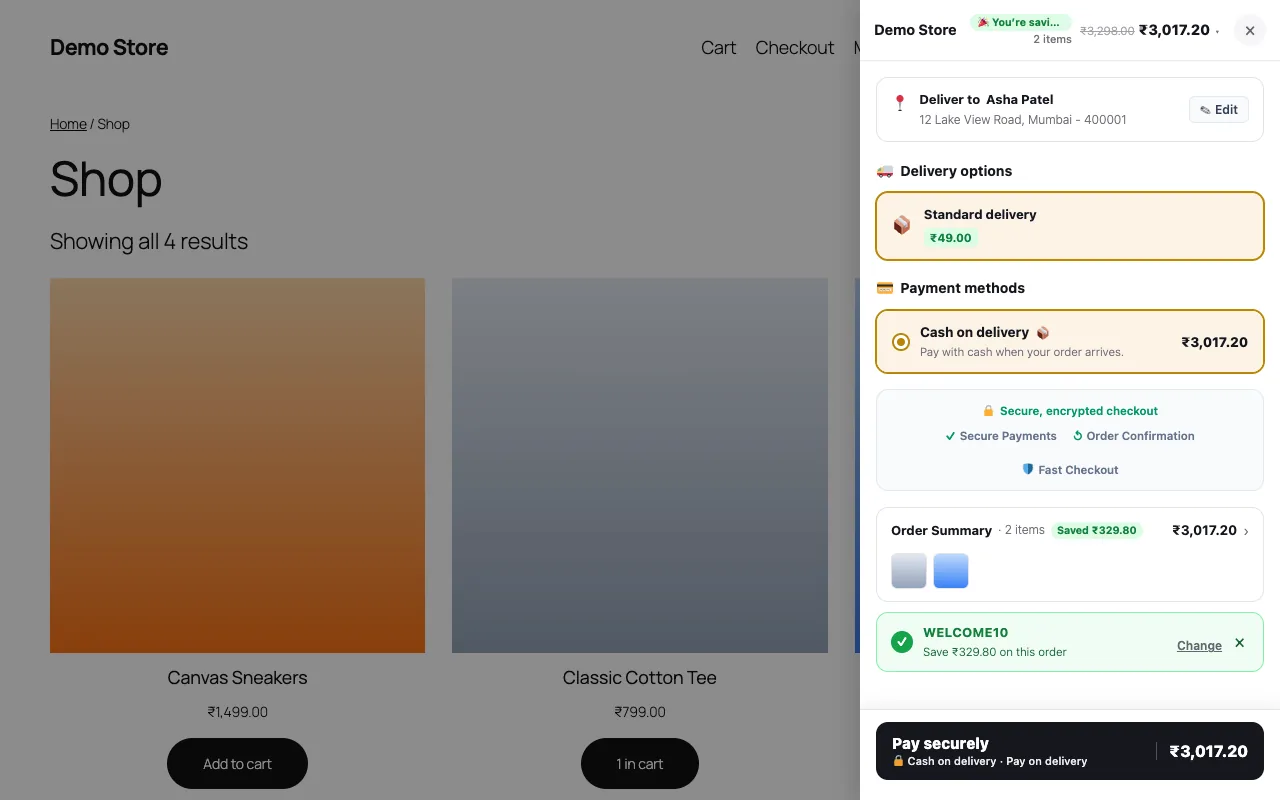 One-panel checkout with address, delivery, payment and order summary