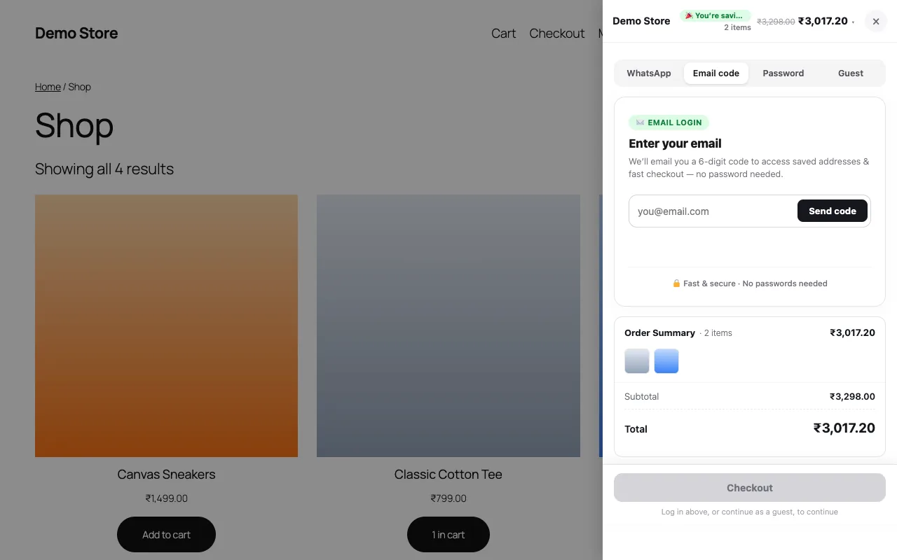Login options: WhatsApp code, email code, password or guest