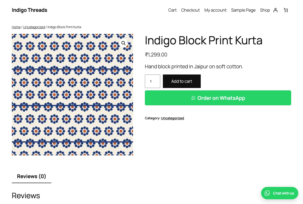 Order on WhatsApp button under Add to cart and a floating WhatsApp chat button on a WooCommerce product page