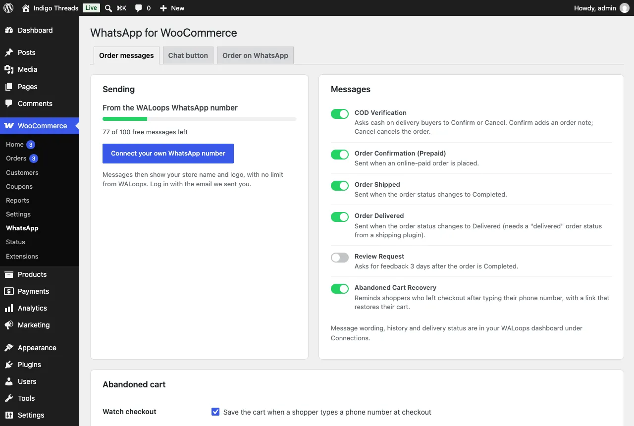 WALoops Order Notifications settings screen in WooCommerce with switches for each WhatsApp message